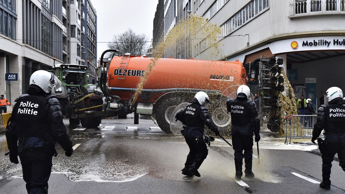 Watch: Angry farmers block streets, dump manure and clash with police in Brussels 